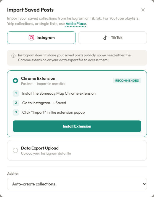 Import Saved Posts modal showing Instagram Chrome extension import method