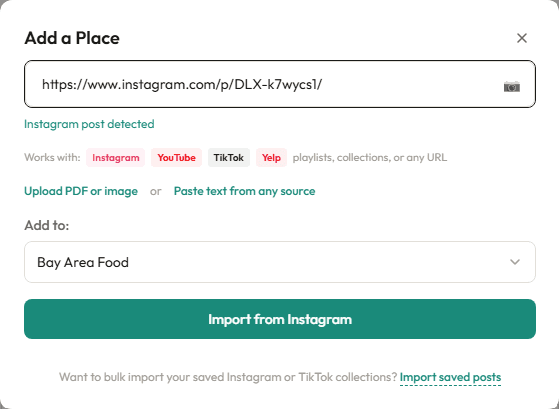 Add a Place modal with Instagram post detected